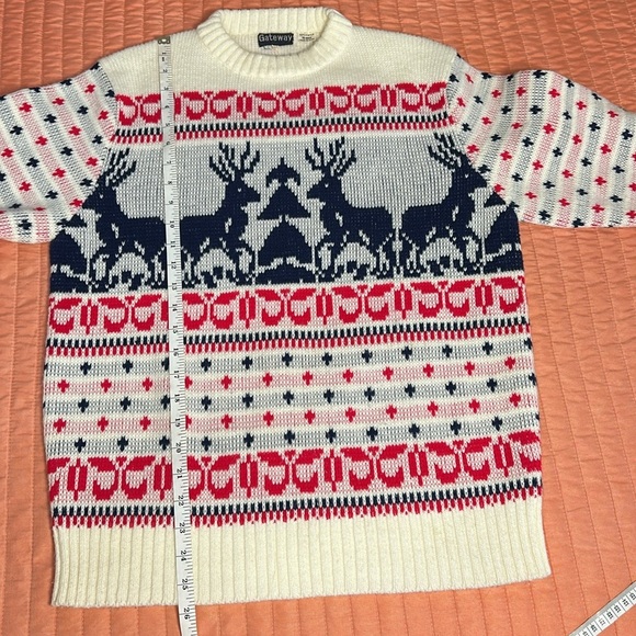Vintage 70s 80s Gateway Knit Reindeer Christmas Holiday Sweater Unisex size LG - Picture 10 of 16